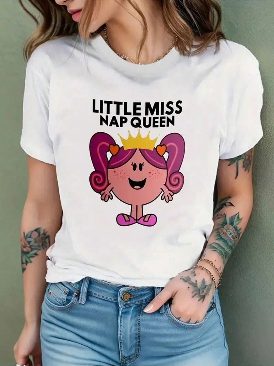 1 Women's Y2K-Inspired T-Shirt With "LITTLE MISS NAP QUEEN" Cartoon Design And Crown - Soft Pink Short Sleeve T-Shirt, Casual And Comfortable For All Seasons, Perfect Gift For Birthdays And Holidays, Everyday Wear T-Shirt | Fun Design T-Shirt | Soft Pink Y2K Style T-Shirt - 黑色 - 查看 1