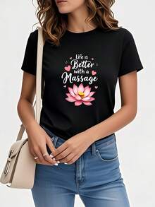 Life Is Better With A Massage-Themed Printed T-Shirt, Women's Short-Sleeved Round-Neck Clothing, Casual And Versatile, Unique And Stylish, Suitable For Daily Wear At Home, Travel, Vacation And Informal Gatherings, Pure Cotton Women's Printed T-Shirt. - 黑色 - 查看 7