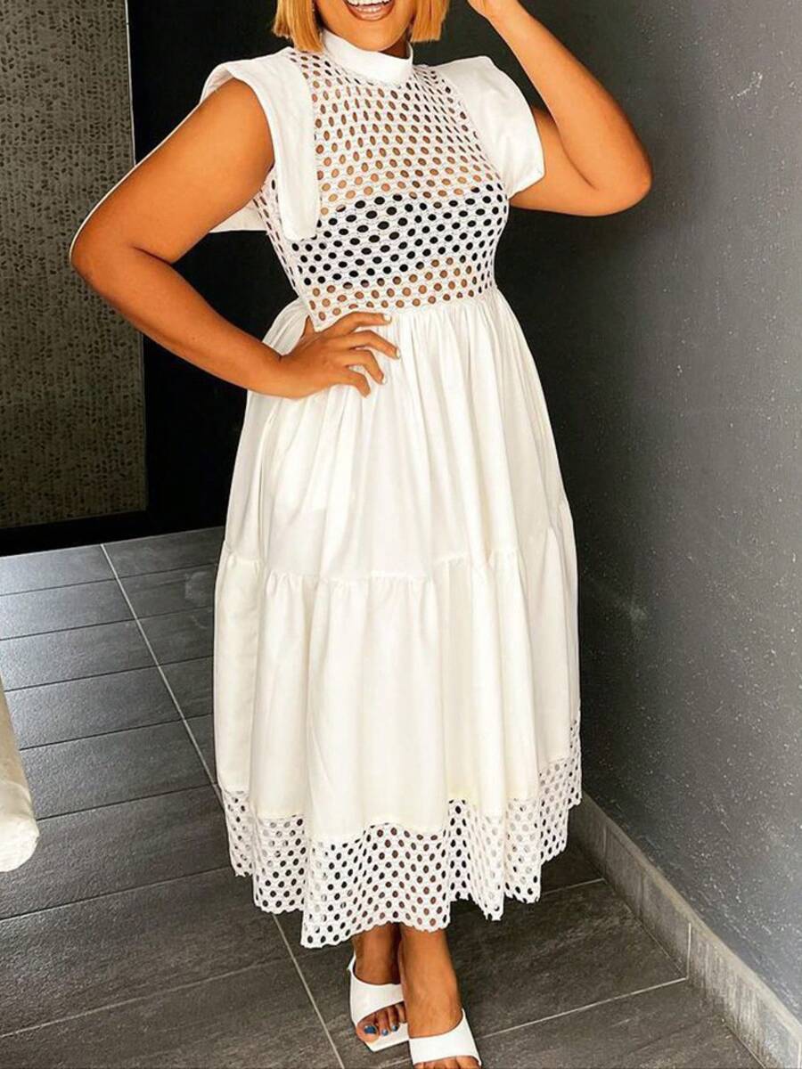 Vestido A-line holado elegante de oficina verano 2026 para mujer talla grande, con mangas onduladas, calados y diseño combinado - Blanco - Ver 1