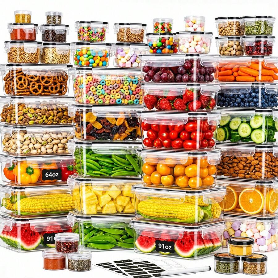 98PCS Airtight Food Storage Containers Set, 47 Containers With 47 Lids, 3 Label Sheets & Marker, Stackable Kitchen Storage & Organization Accessories, Leakproof Pantry Containers For Cereal, Snacks, Meal Prep & Leftovers - 查看 1