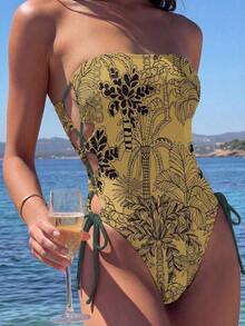 Traje de baño de una pieza con estampado de leopardo y cordones en el cuello para mujer, casual para playa y fiestas de primavera/verano, marrón/rojo - Verde Oliva - Ver 2