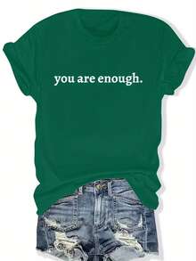 Women's Plus Size Graphic T-Shirt "You Are Enough" - Casual, Short Sleeve, Crew Neck, Light Brown, Loose Fit, Summer And Spring Top, Casual Wear | Loose Fit Top | Lightweight T-Shirt - 墨綠色 - 查看 1