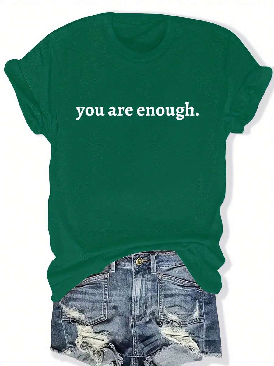 Women's Plus Size Graphic T-Shirt "You Are Enough" - Casual, Short Sleeve, Crew Neck, Light Brown, Loose Fit, Summer And Spring Top, Casual Wear | Loose Fit Top | Lightweight T-Shirt - 墨綠色 - 查看 1