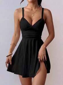 Vestido corto de punto sexy y elegante con escote en V, cintura fruncida y tirantes finos para mujer - Negro - Ver 1