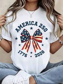 Camiseta Patriótica con Bandera de Arco "America 250 1776 2026" para Mujer, Blanca, Casual, para Celebrar el Bicentenario de EE.UU., Regalo de Cumpleaños, Camiseta Casual de Manga Corta con Cuello Redondo y Estampado para Mujer |     Pascua y Día de San Patricio, Verano, Camiseta de Verano para Mujer con Estampado Casual, Cuello Redondo y Manga Corta |     Pascua y Día de San Patricio, Día de la Independencia - Blanco - Ver 8