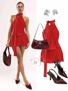 Vestido de tirantes mini con espalda descubierta y estampado de lunares elegante para mujer - Rojo - Ver 8