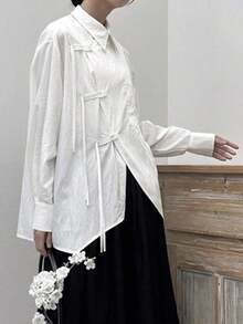 Camisa de mujer elegante y casual con cuello vuelto, manga larga suelta y asimétrica, de tela tejida de unicolor, con cierre de botones, adecuada para uso casual, oficina, diario, aeropuerto, primavera/verano, color negro - Blanco - Ver 3
