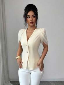 Blazer elegante y romántico para mujer con cuello en V, plisado y cintura ceñida - Albaricoque - Ver 8