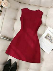 Vestido de mujer de unicolor, cuello redondo, ajustado, con lazo delantero y sin mangas - Rojo - Ver 3