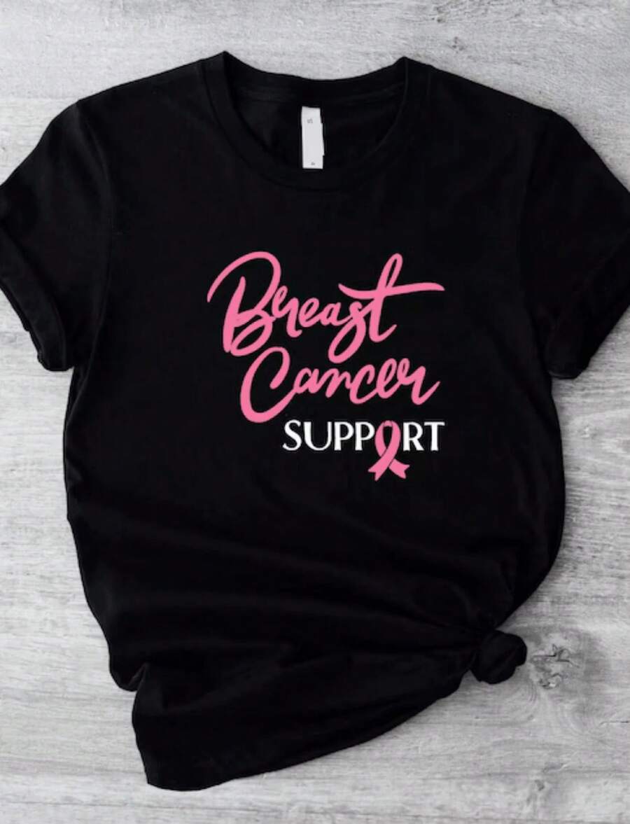 1 Breast Cancer Awareness T-Shirt, Pink Ribbon T-Shirt, Team Pink Support, Breast Cancer Outfit, Survivor Gift, Matching T-Shirts For Groups And Families, 180g 100% Cotton. - 黑色 10 - 查看 1
