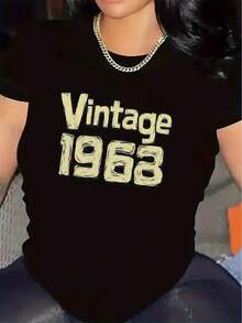 Women's Vintage Black T-Shirt With 1962 Print | Lightweight Fabric, Ideal For Casual Wear In The Living Room Or Dining Room, Comfortable Fit, Durable Design, Round Neck, Medium Elasticity, Perfect For Everyday Wear. - 黑色 - 查看 12