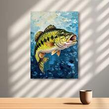 Enmarcado  decorativo 2D, 1 unidad, , 30 x 40 cm, arte imprimible de lubina de boca grande, póster de regalo para pescadores, decoración de cabaña con peces, pintura rústica de vida silvestre con revestimiento grueso para el hogar, dormitorio, cocina, sala de estar, baño, hotel, cafetería, oficina, aseo, lienzo artístico para pared - Enmarcado - Ver 2