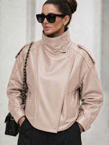 Women's Short Faux Leather Jacket, Modern And Elegant Style, For Winter - Burgundy - View 3
