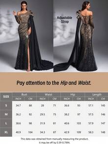 New Fashion Luxury Elegant Contrast Color Sequin Bead Embroidery Fabric Patchwork Chiffon Flutter Sleeve Side Ruched Design Fitted Waist Belt High Slit To Thigh Formal Evening Gown For Banquet Party Birthday Wedding Event Red Carpet Bachelorette Party Holiday Ball Ceremony (Heavy Workmanship Style) - Black - View 6