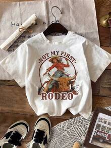 Women's Rodeo And Cowboy Graphic T-Shirt - With The Slogan "Not My Rodeo", White, Casual, Short Sleeve, Crew Neck, Machine Washable, Regular Fit, Summer Fashion, Cowboy Print Top, Digital Print T-Shirt, Y2K Style - 白色 - 查看 10