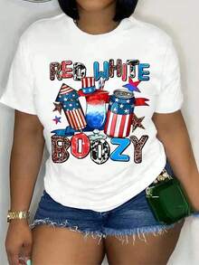 1 camiseta con estampado vibrante de la bandera estadounidense, camiseta casual de cuello redondo para mujer, camiseta con estampado de la bandera de EE. UU., lavable a máquina, perfecta para un estilo casual de verano en todas las estaciones - Camiseta casual de manga corta para mujer, 180 g, 100% algodón, los diseños están completamente impresos. Unisexo. - Blanco - Ver 1