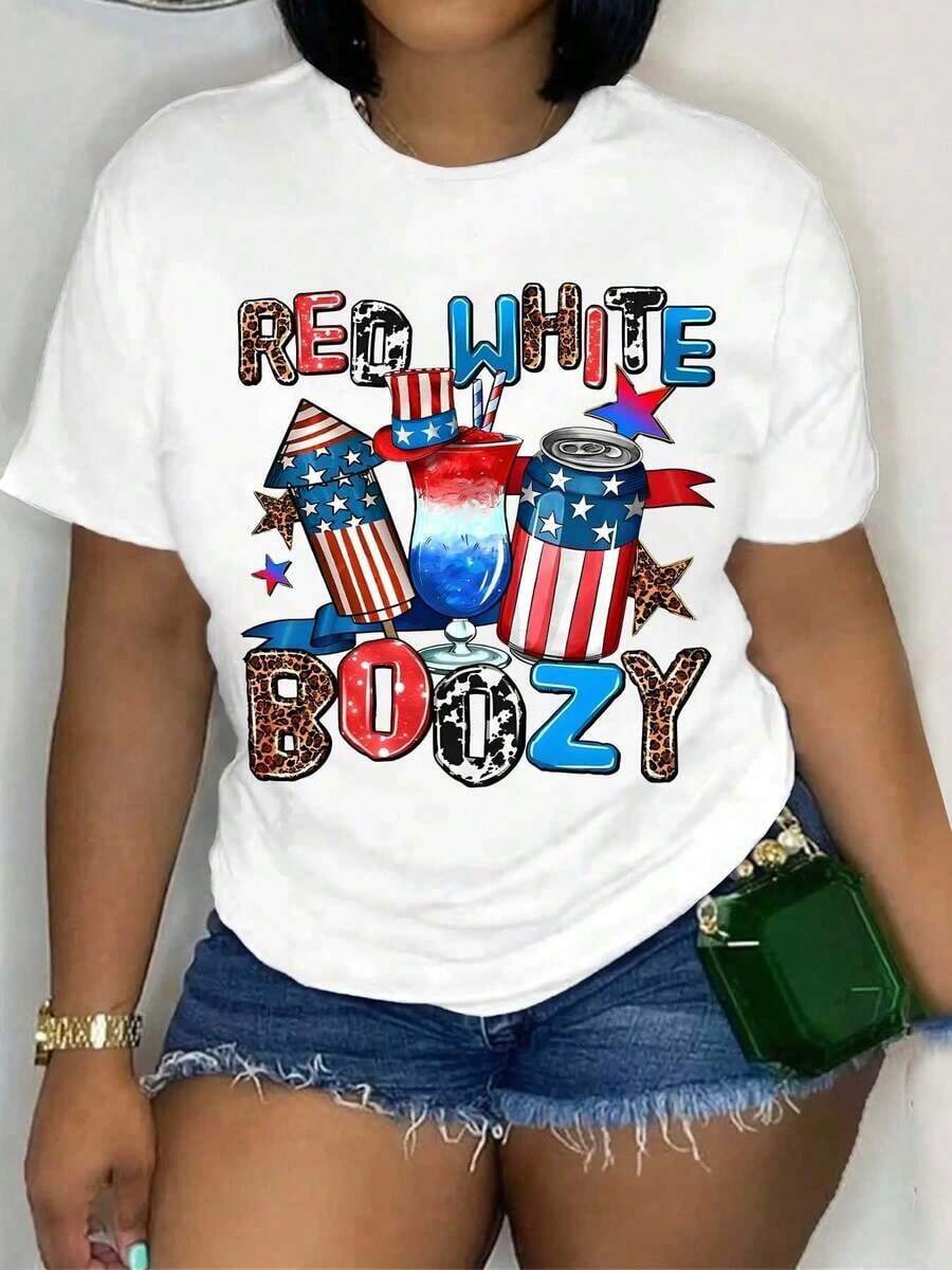 1 camiseta con estampado vibrante de la bandera estadounidense, camiseta casual de cuello redondo para mujer, camiseta con estampado de la bandera de EE. UU., lavable a máquina, perfecta para un estilo casual de verano en todas las estaciones - Camiseta casual de manga corta para mujer, 180 g, 100% algodón, los diseños están completamente impresos. Unisexo. - Blanco - Ver 1