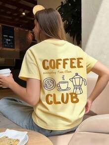1 Piece Summer Short-Sleeved Crew Neck T-Shirt With Pink Heart And Coffee Cup Print, English Text, Loose And Comfortable Fit, Ideal For Coffee Lovers, Suitable For Summer, Beach, Street, Daily Wear, Work, Office Party, Going Out, Festival, Music Festival, Valentine's Day, Party - 黃色 - 查看 2