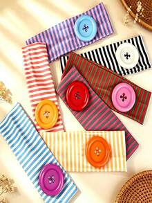 春夏新款超大纽扣复古条纹印花发带，时尚法式甜美酷炫复古百搭街头风，适合旅行、日常通勤、拍照等场合，条纹波西米亚风涤纶纤维发带，四季皆宜的夏季发饰，运动发带，骑行吸汗发带 - 彩色 - 查看 5