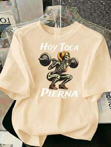Casual Women's Beige Regular Fit Polyester Round Neck Short Sleeve T-shirt with Funny Skeleton Print - Albaricoque - Ver 3