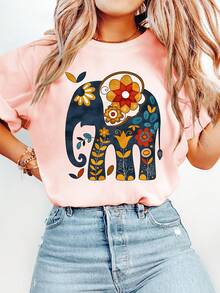 Women's High-Quality Wholesale T-Shirt With Bohemian Elephant Print - Short-Sleeved Top With A Soft Round Neck, Featuring Vibrant Elephant And Flower Designs, Suitable For Casual And Semi-Formal Wear In All Seasons. Made From Comfortable Stretch Fabric, Machine Washable, Available In Sizes S-XXL. New 2026 Collection - 100% Breathable Cotton. - 白色 - 查看 11