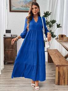 Vestido de vacaciones con mangas acampanadas y volantes en el bajo, unicolor para mujer, atuendos de vacaciones para mujer - azul real - Ver 6