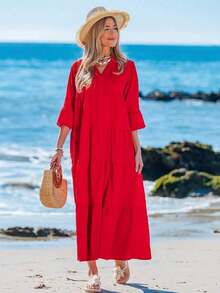 Vestido de vacaciones con mangas acampanadas y volantes en el bajo, unicolor para mujer, atuendos de vacaciones para mujer - Burdeos - Ver 7