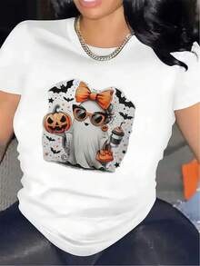 OversizeCamiseta de manga corta para Halloween, con un lindo diseño de fantasma, es perfecta para la decoración del hogar, duradera y cómoda, y una opción ideal para reuniones en interiores y ocasiones festivas. Es una prenda elegante y transpirable. - Blanco - Ver 6