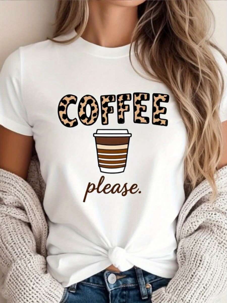 Mujeres café por favor leopardo impresión camiseta con taza de café y diseño de granos de café - blanco relado uste manga corta cuello de tulación superior, regalo informal para los amantes del café, tres de Halloween / Navidad (café por favor eslogan)