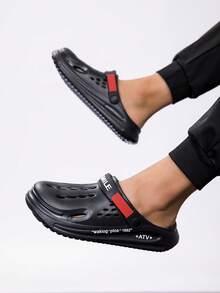 2026 New Summer Hollow Slip-On Sandals, Closed Toe Beach Slippers, Solid Color Versatile Casual Unisex Slippers With Letter & Contrast Color Elements - Black - View 6