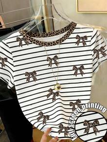 Camiseta casual de mujer de cuello redondo y manga corta con estampado de letras y rayas - Multicolor 10 - Ver 1
