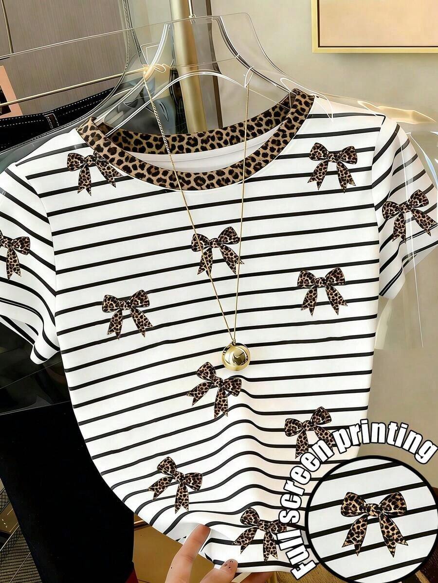 Camiseta casual de mujer de cuello redondo y manga corta con estampado de letras y rayas - Multicolor 10 - Ver 1