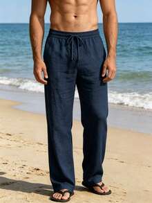 Men's Summer Solid Color Linen Pants | Lightweight Beach Holiday Trousers | American Sporty Casual Pants | Straight Cut Relaxed Fit | Drawstring Waist Design | Breathable, Suitable For Spring/Summer Commuting, Holiday, Fitness, Vacationcore - Navy Blue - View 1