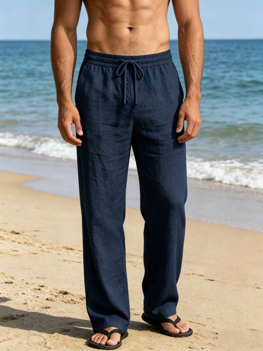 Men's Summer Solid Color Linen Pants | Lightweight Beach Holiday Trousers | American Sporty Casual Pants | Straight Cut Relaxed Fit | Drawstring Waist Design | Breathable, Suitable For Spring/Summer Commuting, Holiday, Fitness, Vacationcore - Navy Blue - View 1