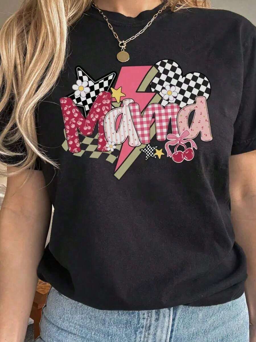 1 Piece Women's Graphic Print T-Shirt, College Style T-Shirt For Mom, Plaid T-Shirt For Mom, Mother's Day Gift, Lightning Bolt Print Sweatshirt For Mom, Mother's Day T-Shirt Gifts For Mom's Birthday, Casual Short Sleeve Crew Neck T-Shirt For Women, 1 Piece Fashion Shirt, Gift For Mom, Thanksgiving Gift, 180g 100% Cotton, All Patterns Are Printed. Unisex. - 黑色008 - 查看 1