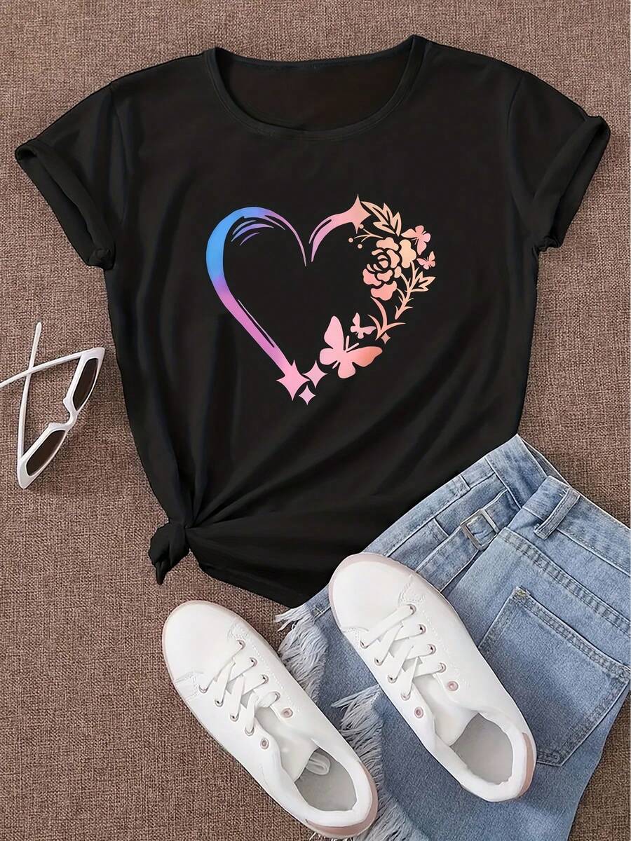 Women's Short-Sleeved Cotton T-Shirt, Heart And Butterfly Print, Casual T-Shirt, Round Neck, Short Sleeves, Soft And Sporty, Women's Clothing. - 黑色 - 查看 1