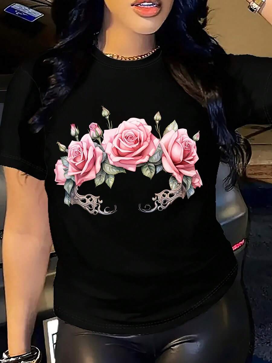 Women's Short Sleeve Cotton T-Shirt, 1 Piece, With Rose Floral Print - Casual Round Neck T-Shirt, Knit Fabric, Regular Length, Breathable And Comfortable For All Seasons. - 黑色 - 查看 1