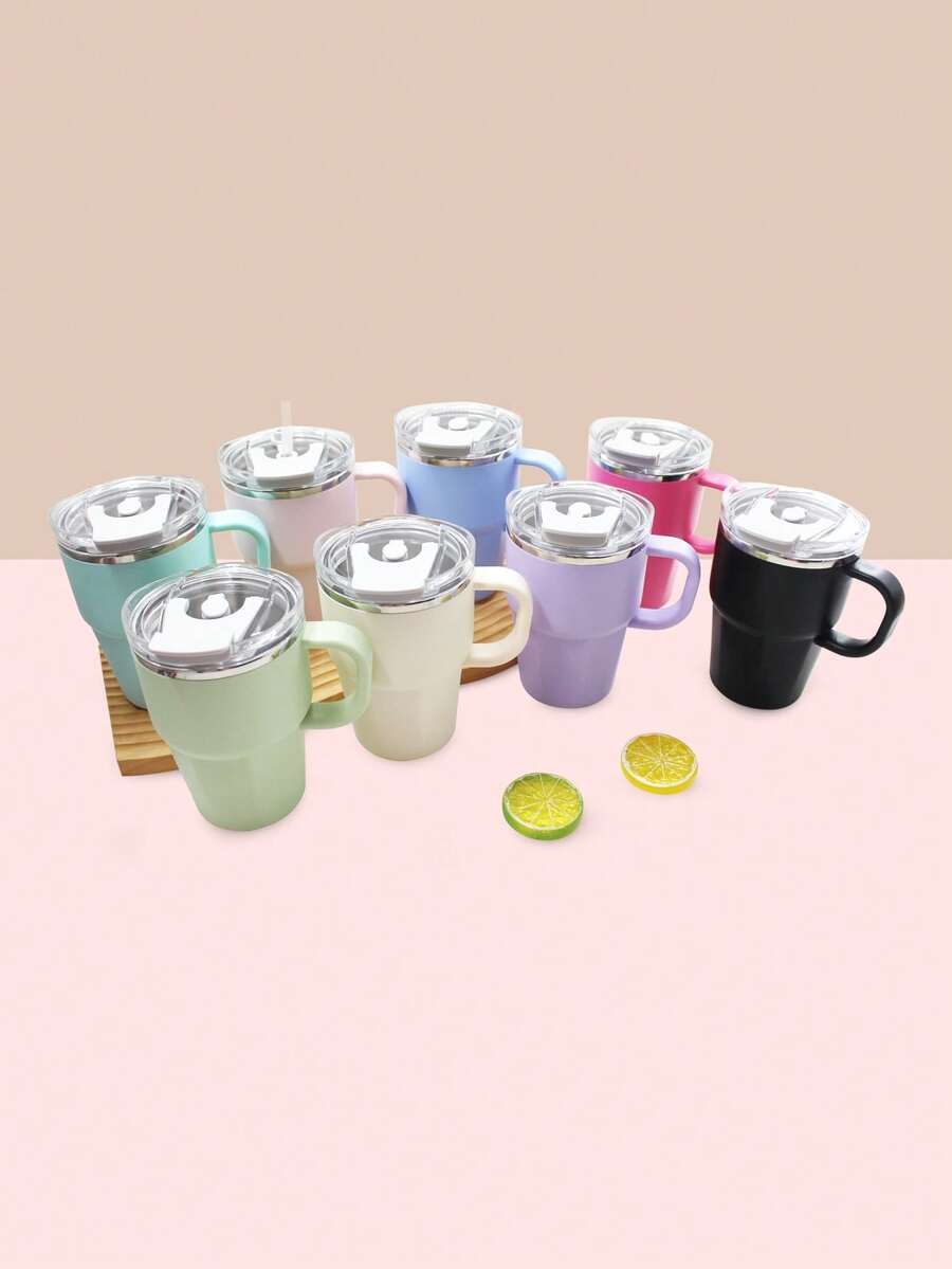1pc, 20oz Stainless Steel Travel Cup With Handle And Straw, Double Drinking Cap, Leak-Proof And Sealable, Inner Liner Made Of 304 Stainless Steel, Outer Shell Made Of PP, Office, Vehicle Or Outdoor Coffee Cup - Multicolor - View 1