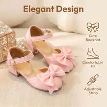 1 Pair Sweet Girl High Heel Shoes With Adjustable Ankle Strap, Crystal Pendant Decor, Soft Faux Leather Upper, Low Heel Design For Comfortable Fit, Perfect For Princess Parties And Formal Occasions - Pink - View 3