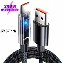 PD 240W 超快充电线 6A，USB-A 转 Type-C 编织线带 LED 指示灯，高速同步，适用于 15/16 系列、笔记本电脑 - 黑色 - 查看 9