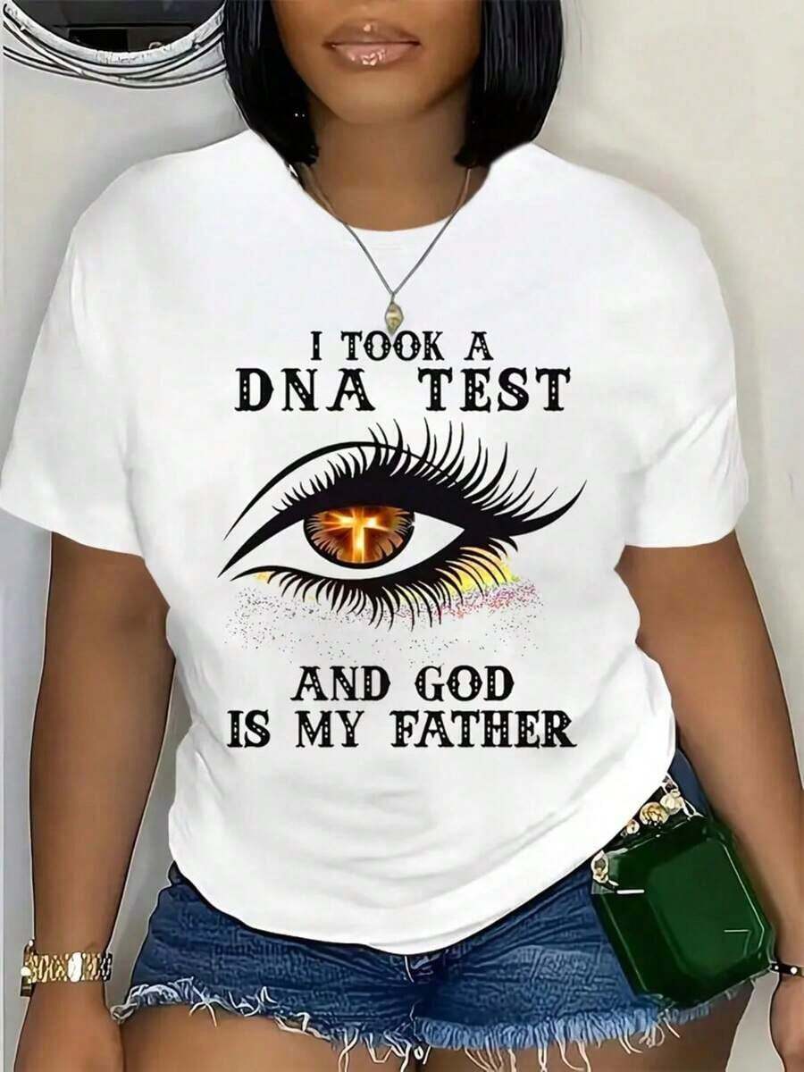 Women's Funny T-Shirt With DNA Test Design And Christian Religious Humor - Design With The Phrase "I Took A DNA Test And God Is My Father" And Bible Verse - Lightweight, Breathable, Crew Neck, Short Sleeve T-Shirt For Casual Wear And Religious Events - Funny Religious Garment With Medium Stretch Fabric, Machine Washable, For Spring And Autumn, White Base With Gold Lettering, Religiously Inspired Clothing, Comfortable Fit - 白色 - 查看 1