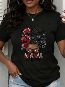 Women's Crew Neck T-Shirt With "American Football Mom And Cheerleader" Print, Short Sleeve, For Sports-Fanatic Mom, Casual Wear. - 黑色 - 查看 7