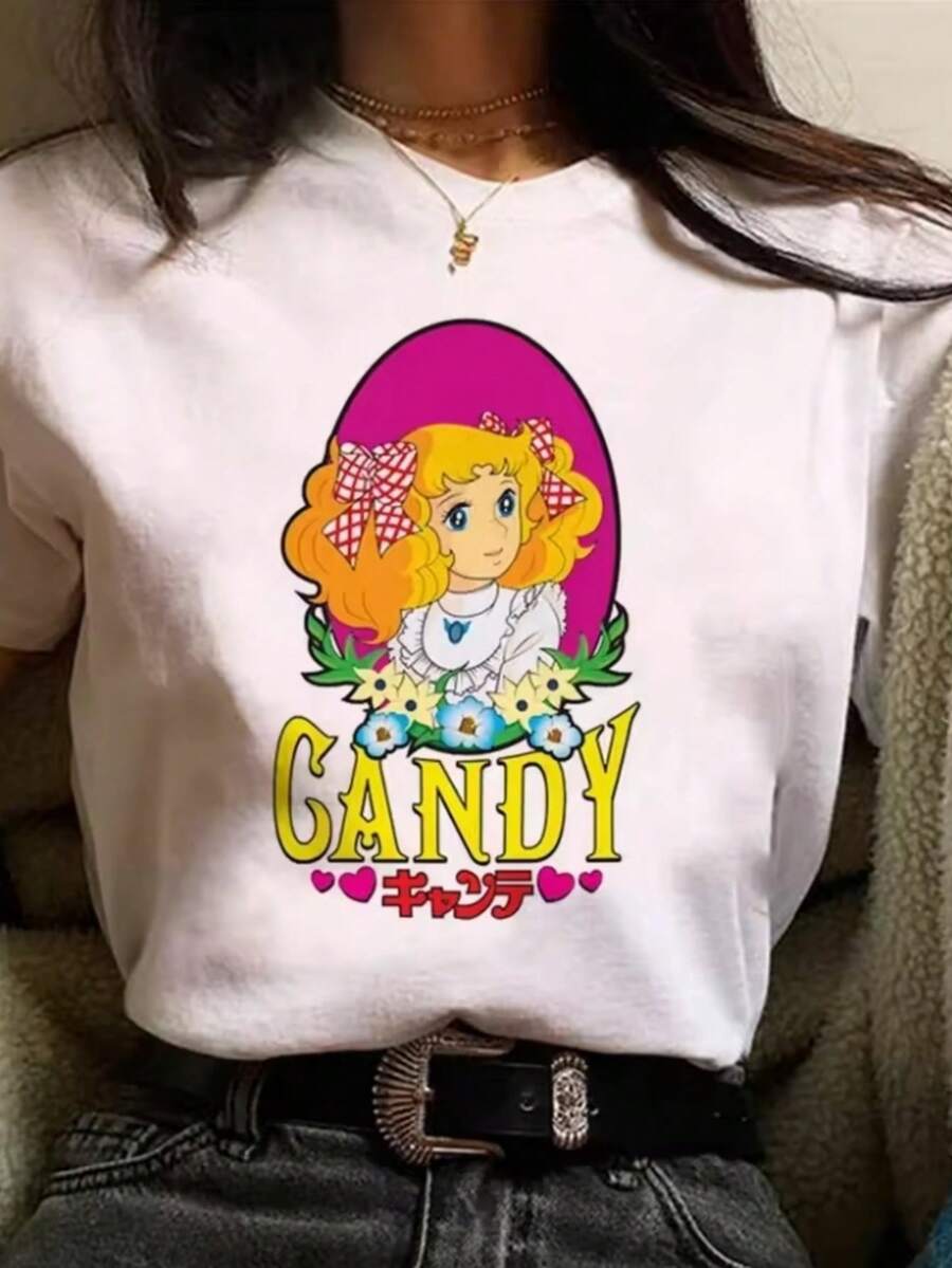 Women's Casual Crew Neck T-Shirt With Cartoon Print, White With Pink Oval Design, Short Sleeve, Regular Length, All Seasons Top, Casual Wear | Fun Design | Comfortable Fit Y2k T-Shirt - 黑色 - 查看 1