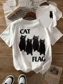 Women's Short Sleeve T-Shirt With Cat Print - "Cat Flag" Design, Crew Neck, Lightweight Summer Top With Fun Black Cat Illustration, Casual Wear | Fun Design T-Shirt | Y2k Lightweight Fabric T-Shirt - 白色 - 查看 10