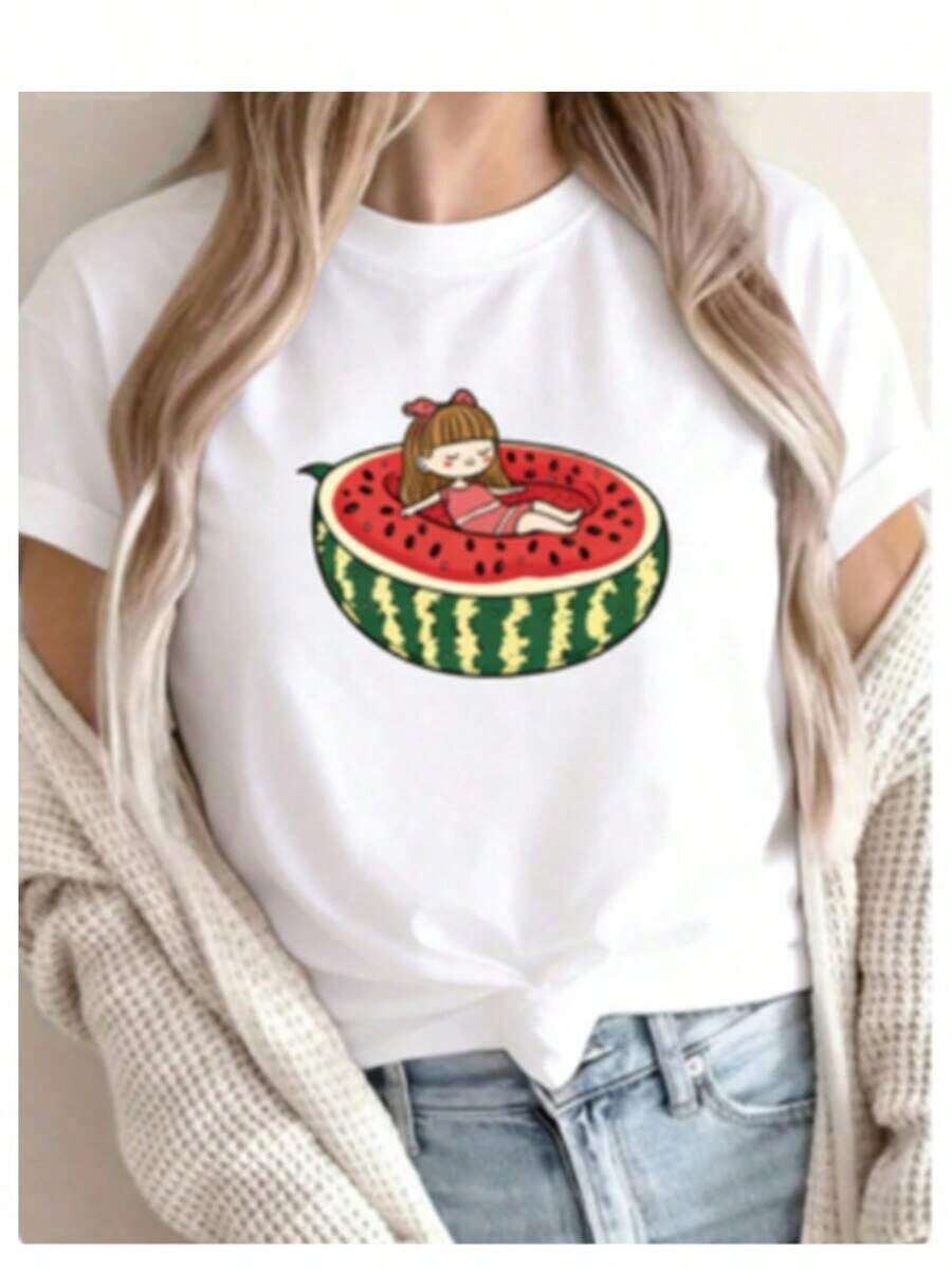 |   1 Playera para Mujer 100% Algodón Transpirable | Camiseta gráfica de sandía amarilla brillante para mujeres - Casual de manga corta y cuello redondo, lavable a máquina, perfecta para vacaciones de primavera/verano y diversión al aire libre - Ideal para el verano-Vintage Street Style Unisexoose Cotton Short Sleeve Crew Neck T-Shirt - Blanco - Ver 1