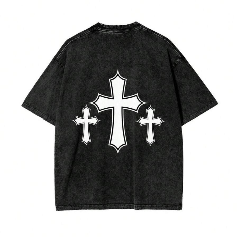 1 pieza Camiseta de manga corta de cuello redondo oversize unisex desgastada y lavada, 100% algodón pesado de 220g, diseñada por artistas Y2K estilo americano vintage, estampado gráfico de nombres de ciudades, ideal para uso diario, conciertos y festivales - Negro - Ver 1