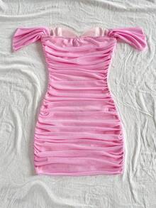 Vestido mini ajustado de punto rojo con hombros descubiertos para mujer, diseño con espalda calada, adecuado para vacaciones, citas, té de la tarde, temporada de bodas, playa, crucero, vacaciones en la ciudad, vacaciones bohemias, festivales de - Rosa - Ver 2