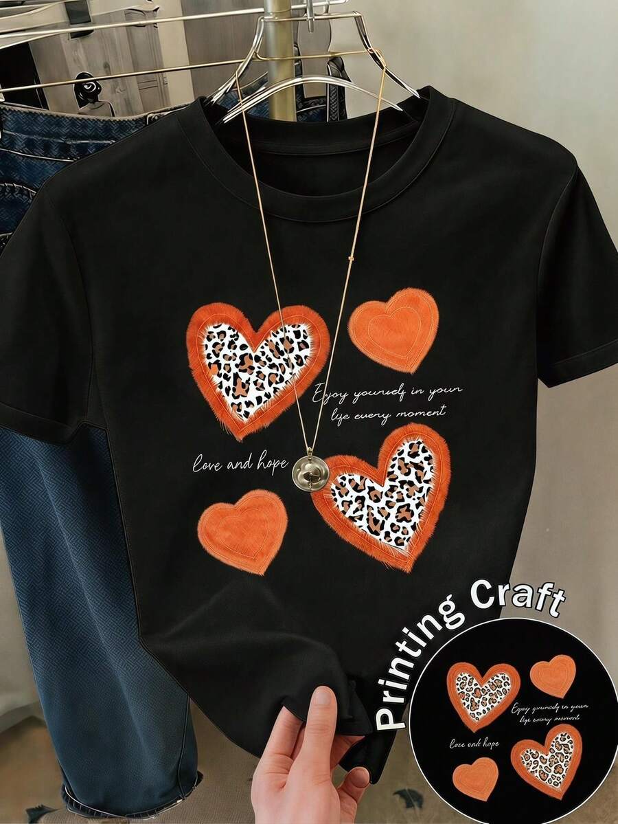 Amiam Bmian New Short-Sleeved Crew Neck T-Shirt For Women, Spring/Summer Design, Perfectly Combining Modern Lettering And A Heart Print, Breathable And Sweat-Wicking. Direct Shipping From Our Local Warehouse, Couples' Style, Ideal For Wearing Together. - 乾枯玫瑰色 - 查看 1