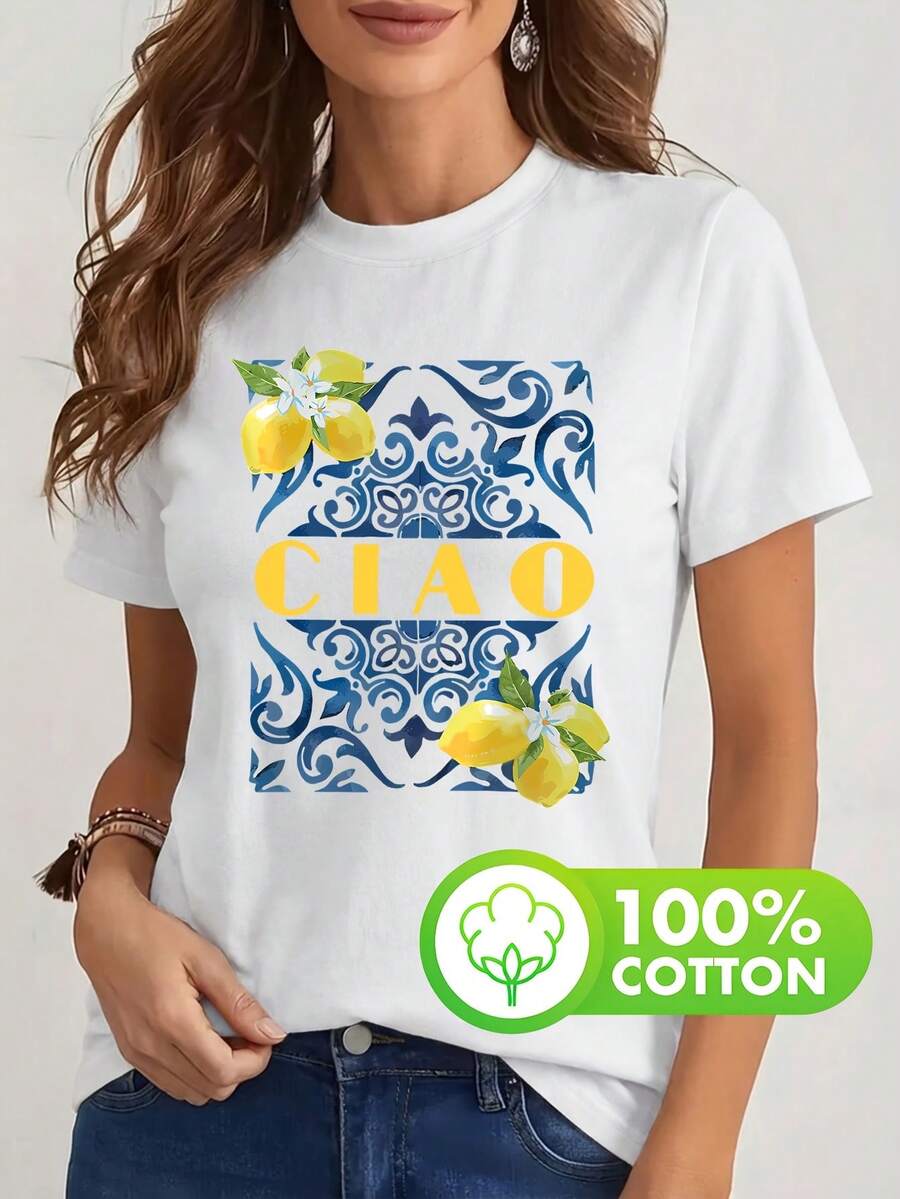 Women's Hello Lemon Floral Short Sleeve T-Shirt, Retro Influencer Style, 100% Pure Cotton, Crew Neck, Print, Soft, Comfortable, Casual Style, Suitable For Spring, Summer, Autumn, Three Seasons, Available In Multiple Colors, Great Gift Choice. - White - View 1