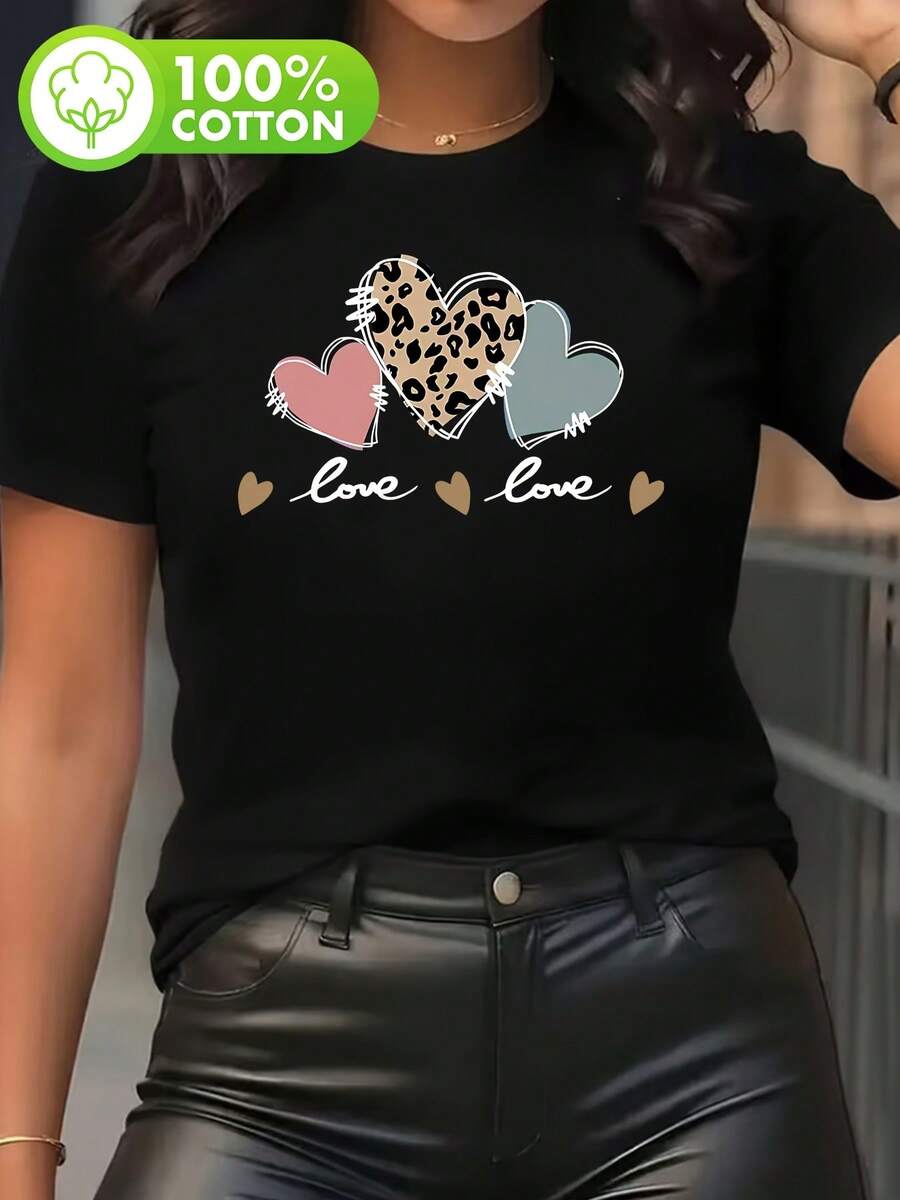 Soft 100% Cotton Women's T-Shirt, Round Neck, Casual, For Summer, Breathable, For Spring/Summer/Autumn (Machine Washable), Suitable For Casual Wear, Women's Short Sleeve T-Shirt With Creative Print, Women's Round Neck T-Shirt, Breathable Cotton T-Shirt, Matches Everything. - 黑色 - 查看 1